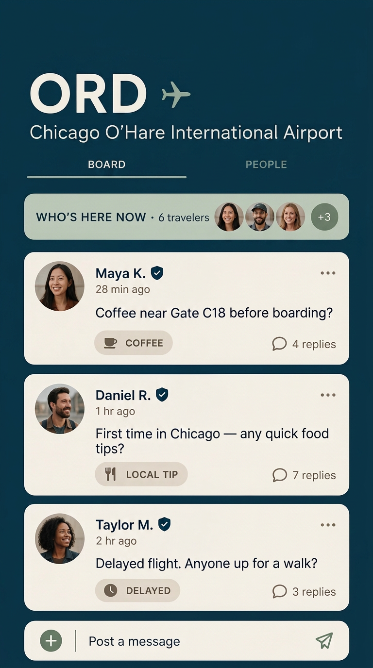 Airport message board in the almost app with friendly posts from verified travelers
