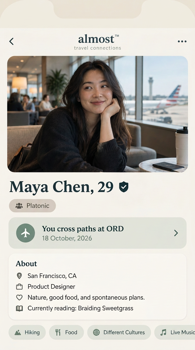Verified traveler profile in the almost app with a checkmark beside the traveler's name